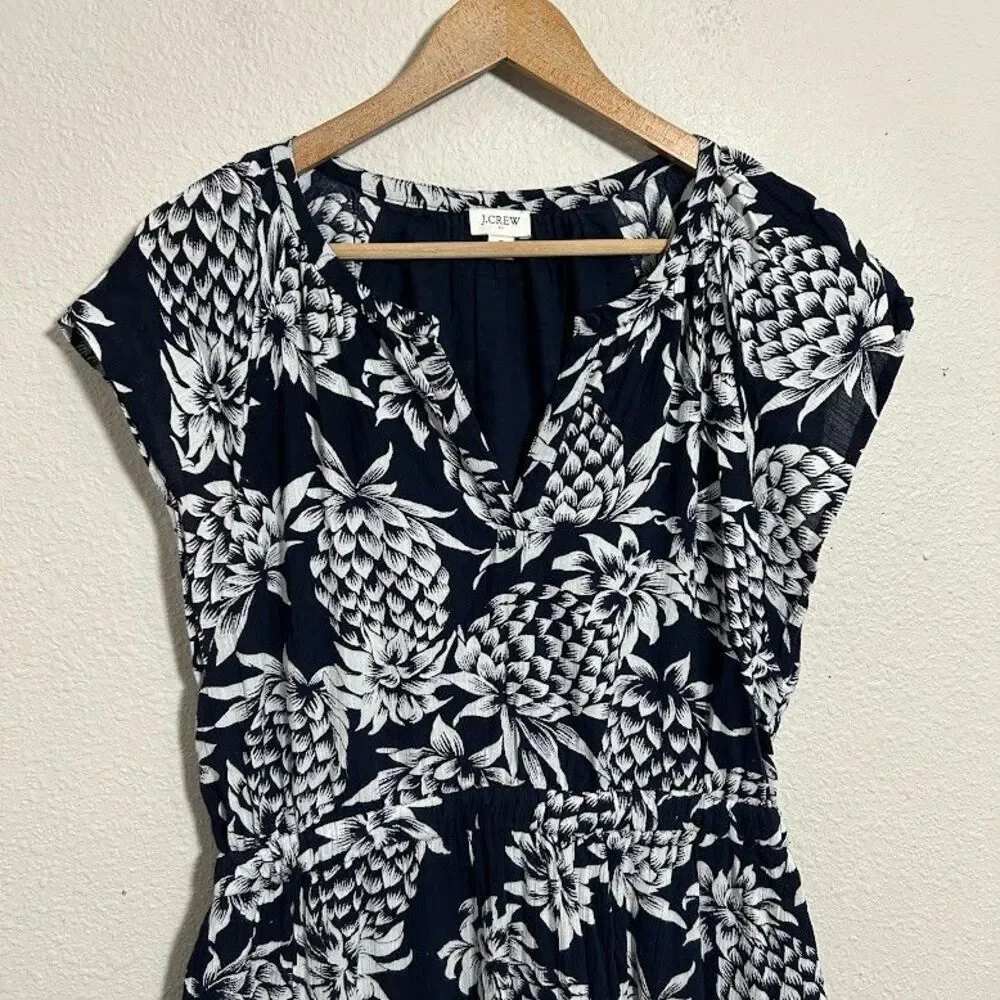 J.Crew Pineapple Print Cotton Midi Dress 6 Navy Blue Tiered Ruffle Vacation